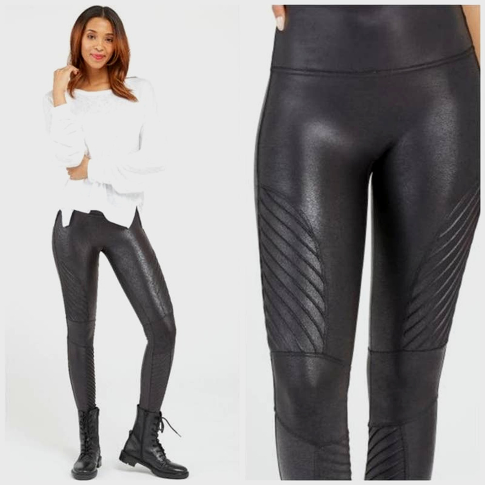 SPANX Faux Leather Moto Leggings Very Black M